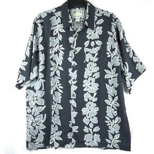 Hanna Bay Men’s Button Down Floral Hibiscus Hawaiian Shirt Size Large Black/Grey
